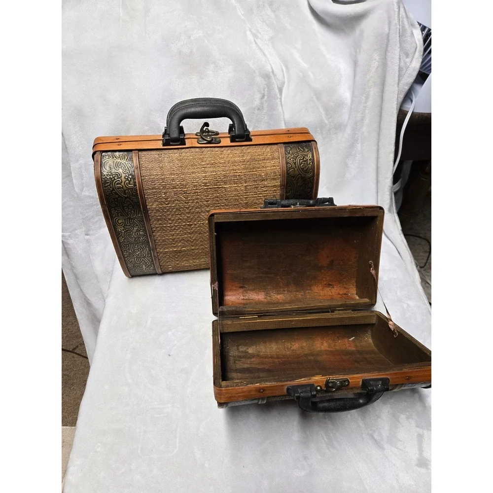 Vintage Nested Woven Storage Trunk Suitcase Set Boho Farmhouse Decor Pair 2 pc